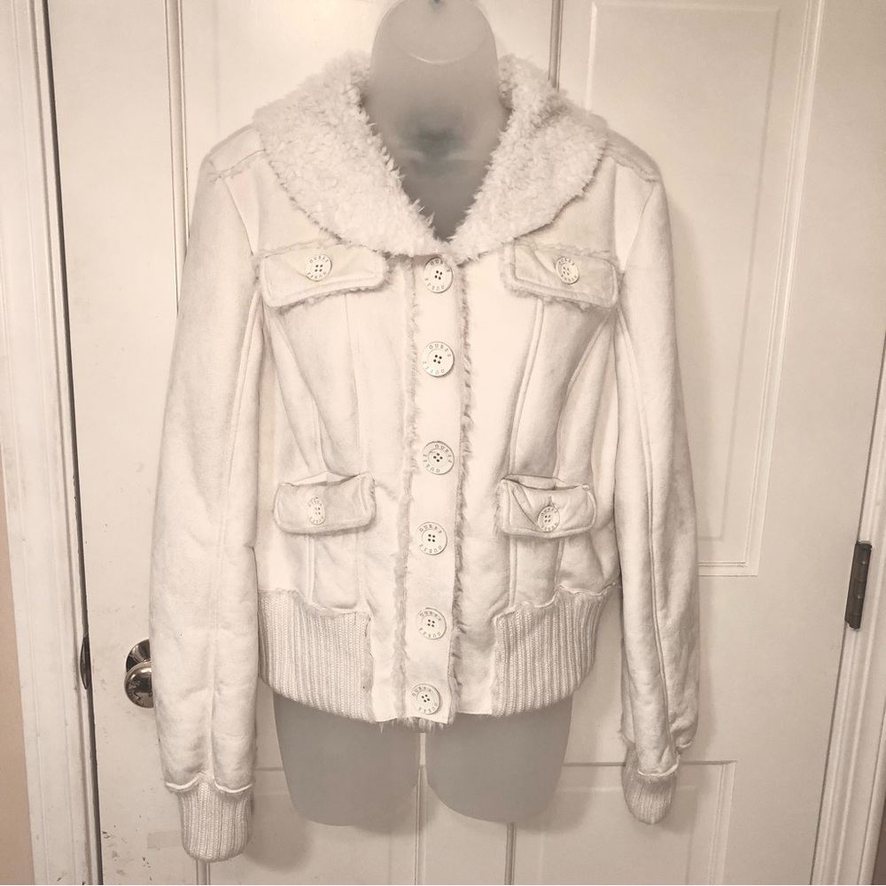 Guess White Button Up Jacket Faux Suede and Sherpa Size XL
